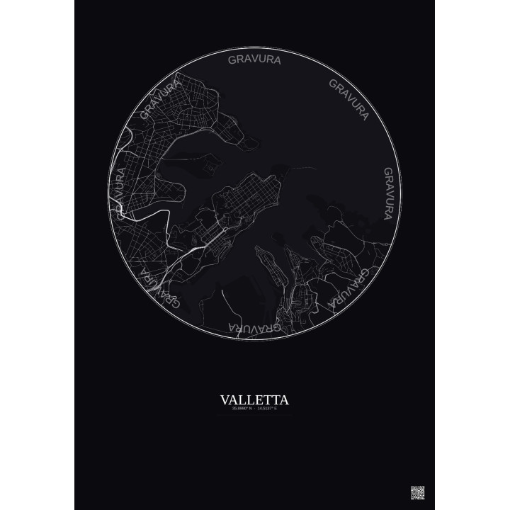 Affiche Valletta – Poster carte de ville 2.5km | Gravura – Fond foncé