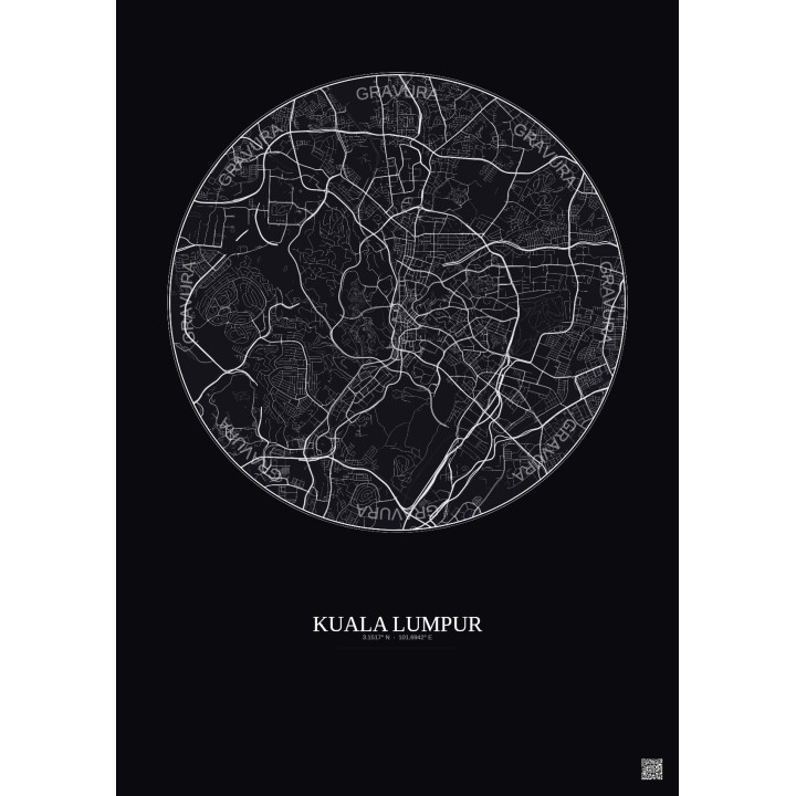 Affiche Kuala Lumpur – Poster carte de ville 6km | Gravura – Fond foncé