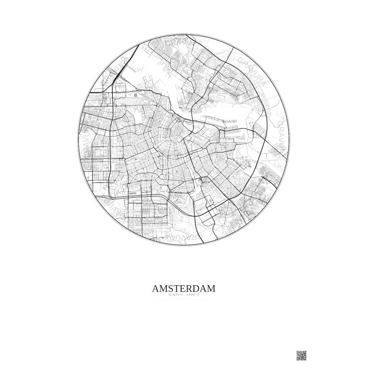 Affiche Amsterdam – Poster carte de ville 6km | Gravura – Fond clair