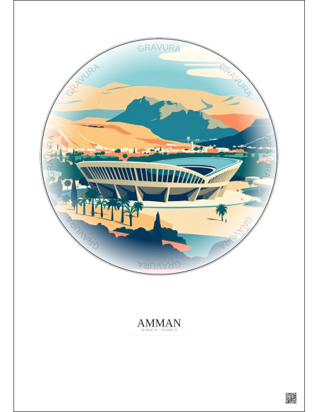 Amman Vintage Travel Poster – Amman International Stadium | Gravura – Light background
