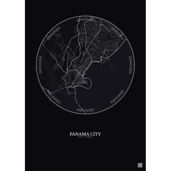 Affiche Panama City – Poster carte de ville 6km | Gravura – Fond foncé