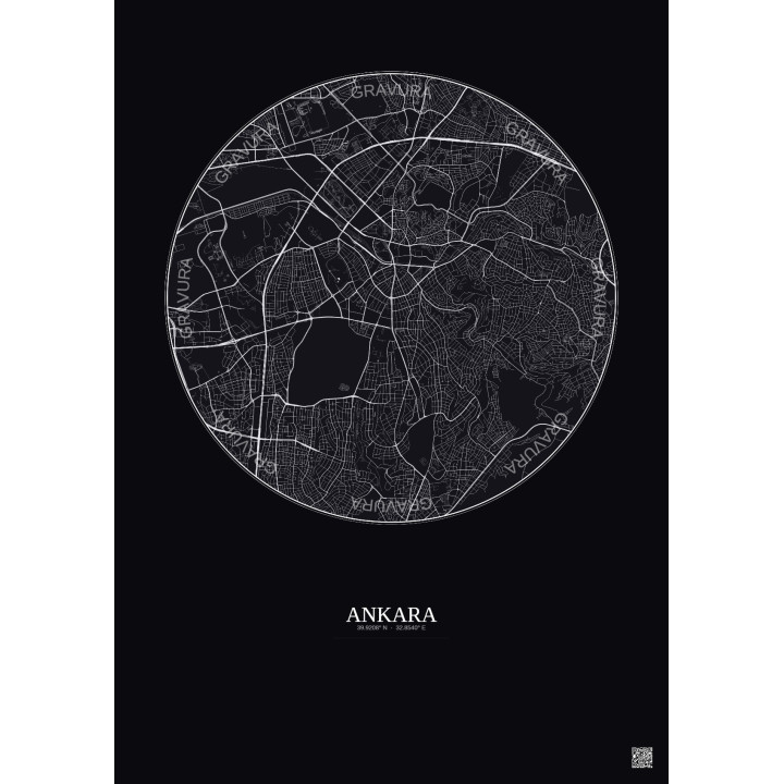 Affiche Ankara – Poster carte de ville 6km | Gravura – Fond foncé