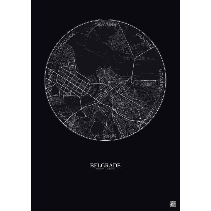 Affiche Belgrade – Poster carte de ville 6km | Gravura – Fond foncé