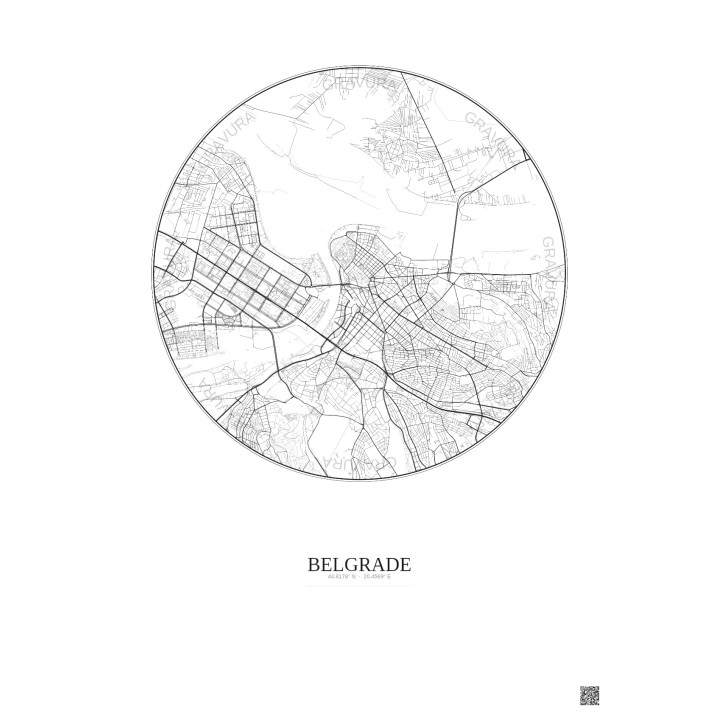 Affiche Belgrade – Poster carte de ville 6km | Gravura – Fond clair