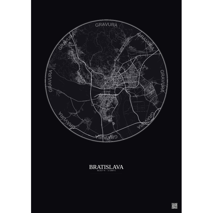 Affiche Bratislava – Poster carte de ville 10km | Gravura – Fond foncé