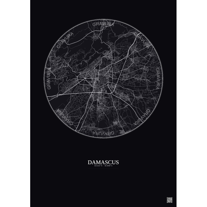 Affiche Damascus – Poster carte de ville 10km | Gravura – Fond foncé