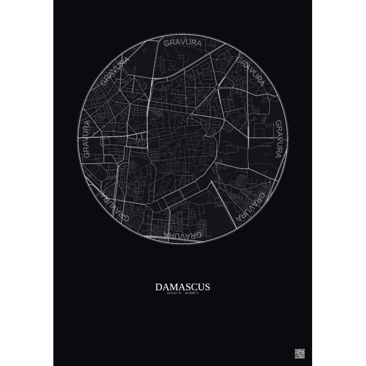 Affiche Damascus – Poster carte de ville 2.5km | Gravura – Fond foncé