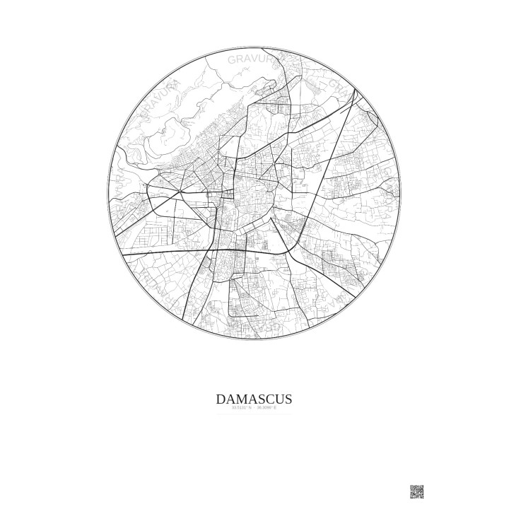 Affiche Damascus – Poster carte de ville 6km | Gravura – Fond clair