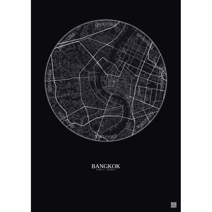 Affiche Bangkok – Poster carte de ville 6km | Gravura – Fond foncé