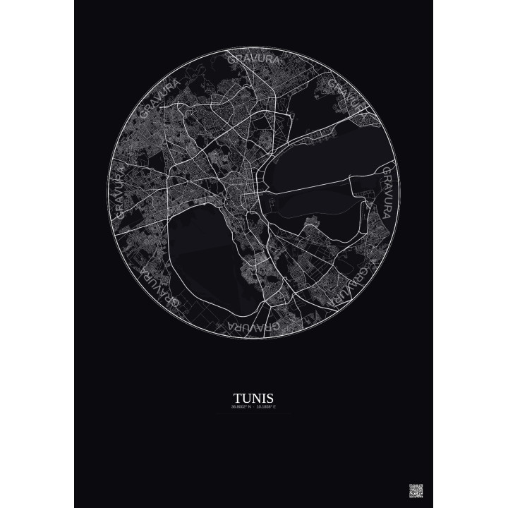 Tunis City Map Poster 10km | Gravura – Dark background