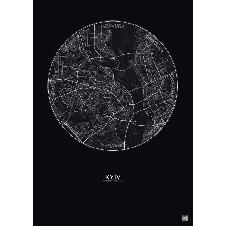 Affiche Kyiv – Poster carte de ville 10km | Gravura – Fond foncé