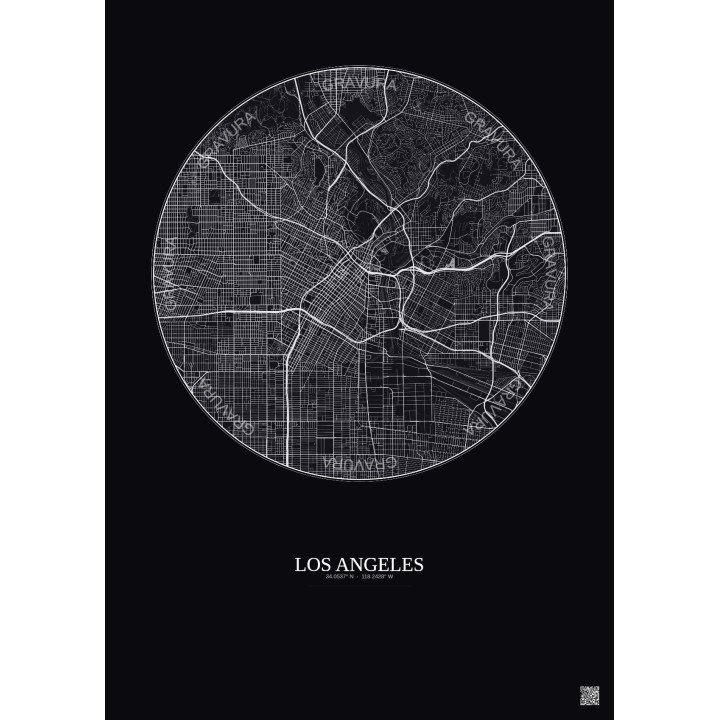 Affiche Los Angeles – Poster carte de ville 10km | Gravura – Fond foncé