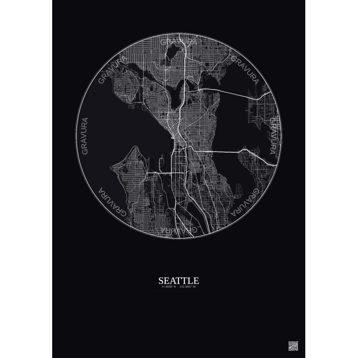 Affiche Seattle – Poster carte de ville 10km | Gravura – Fond foncé