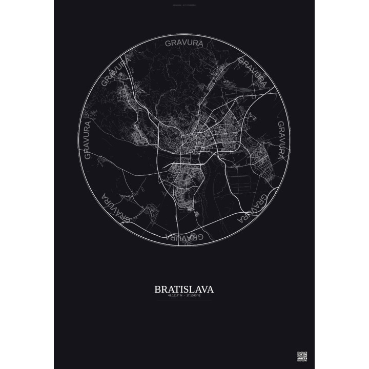 Affiche Bratislava – Poster carte de ville 10km | Gravura – Fond foncé