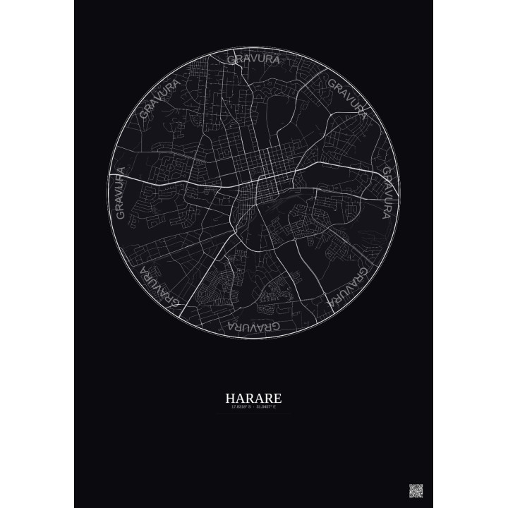 Affiche Harare – Poster carte de ville 6km | Gravura – Fond foncé