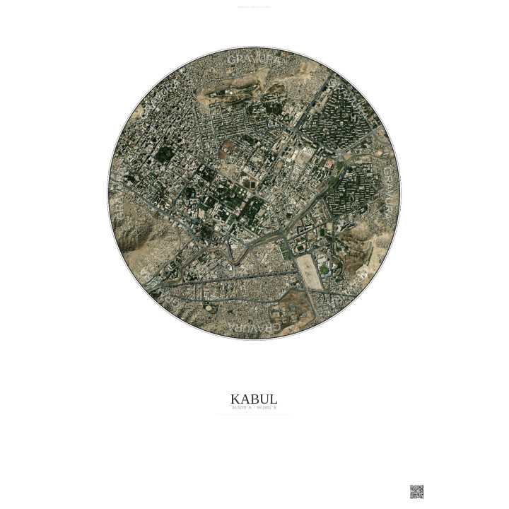 Affiche Kabul – Poster vue satellite 2.5km Couleur | Gravura – Fond clair