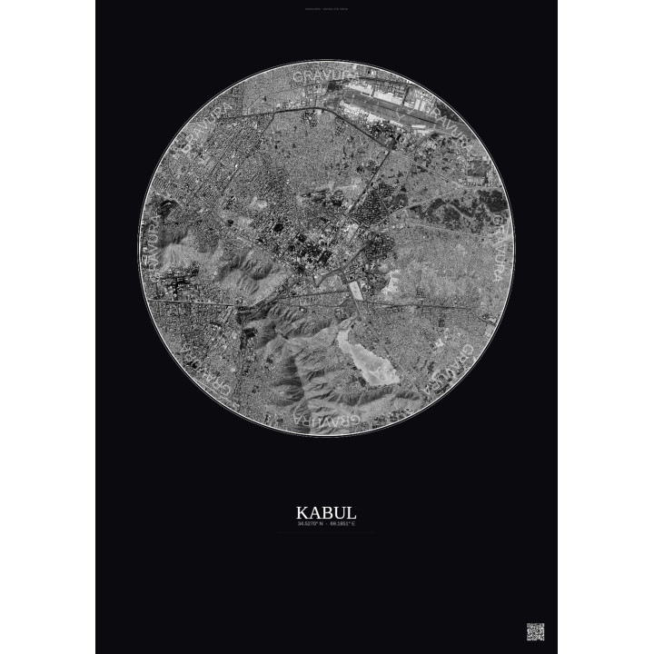 Kabul Satellite View Poster 6km B&W | Gravura – Dark background