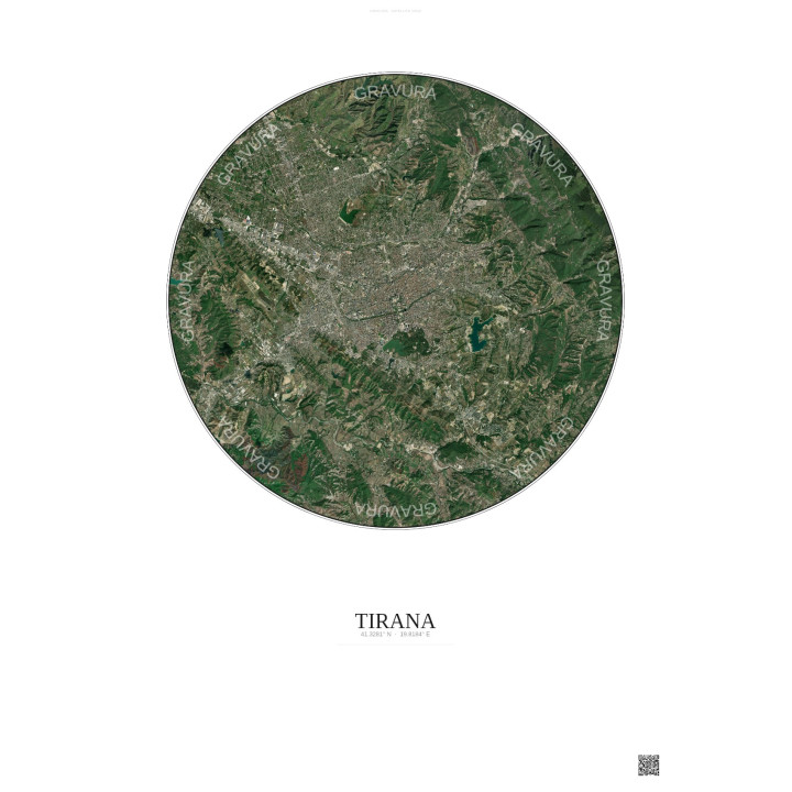 Affiche Tirana – Poster vue satellite 10km Couleur | Gravura – Fond clair