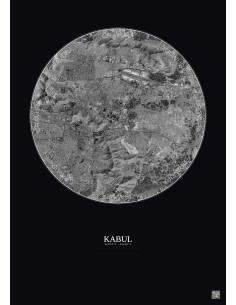 Affiche Kabul – Poster vue satellite 10km N&B | Gravura – Fond foncé 2