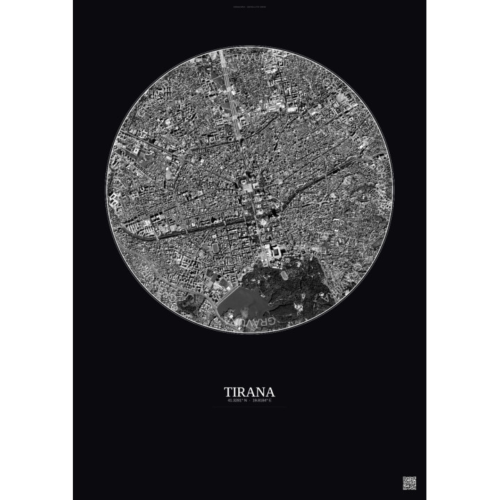 Affiche Tirana – Poster vue satellite 2.5km N&B | Gravura – Fond foncé