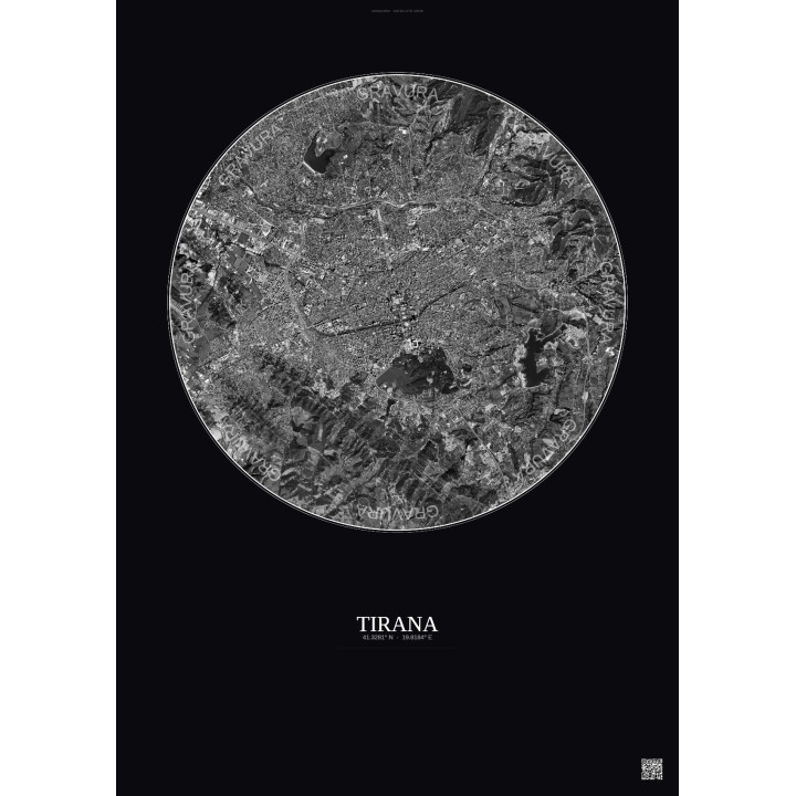 Tirana Satellite View Poster 6km B&W | Gravura – Dark background