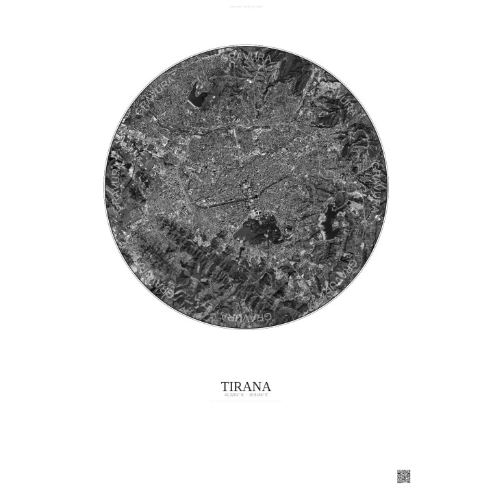 Tirana Satellite View Poster 6km B&W | Gravura – Light background