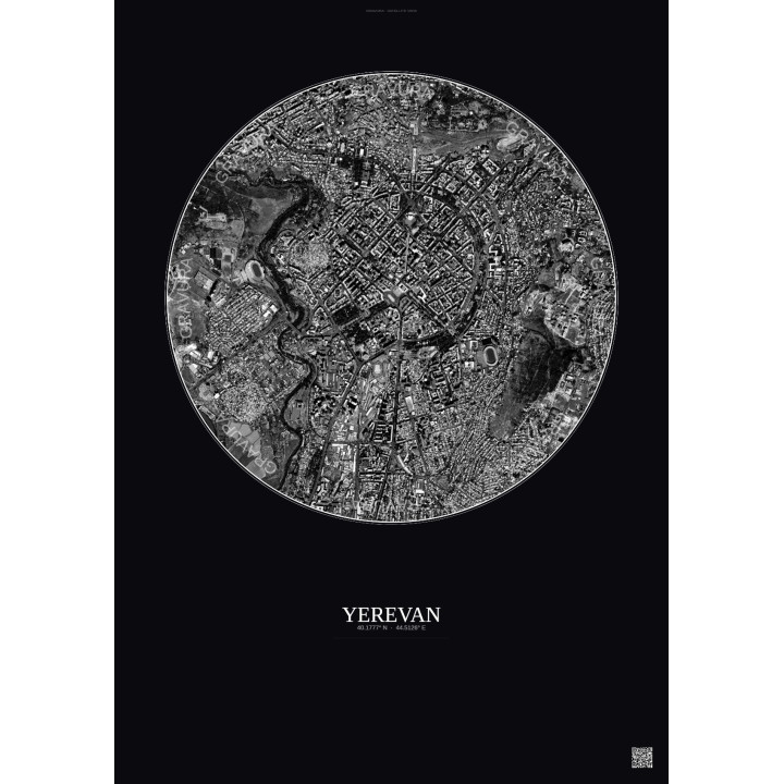 Affiche Yerevan – Poster vue satellite 2.5km N&B | Gravura – Fond foncé