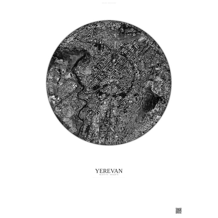 Affiche Yerevan – Poster vue satellite 2.5km N&B | Gravura – Fond clair