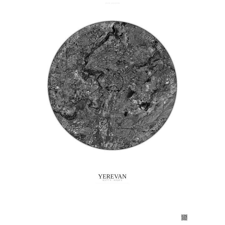 Affiche Yerevan – Poster vue satellite 6km N&B | Gravura – Fond clair