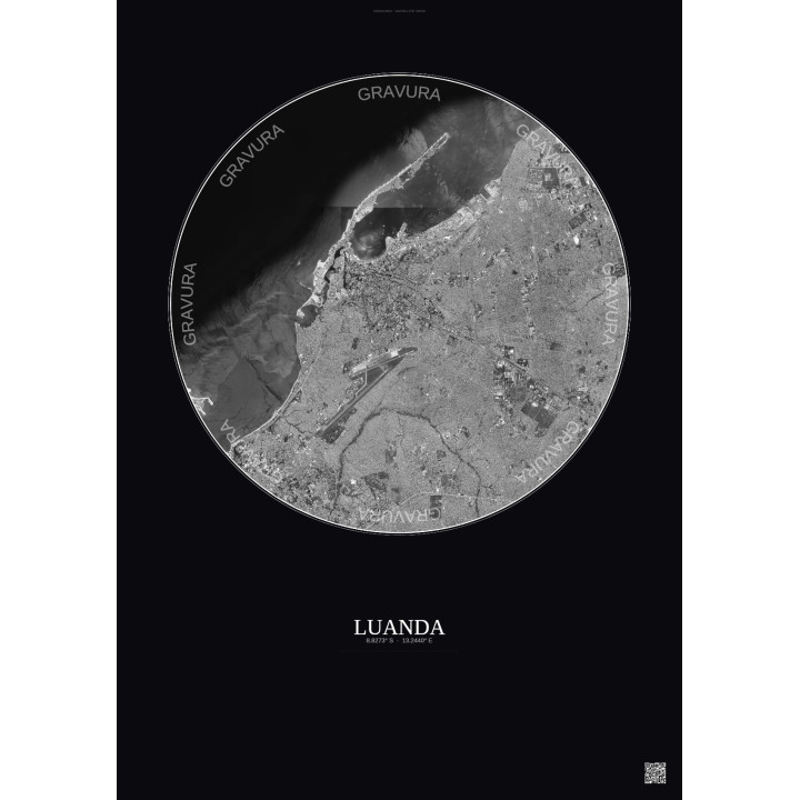 Affiche Luanda – Poster vue satellite 10km N&B | Gravura – Fond foncé