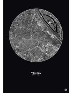 Vienna Satellite View Poster 6km B&W | Gravura – Dark background 2