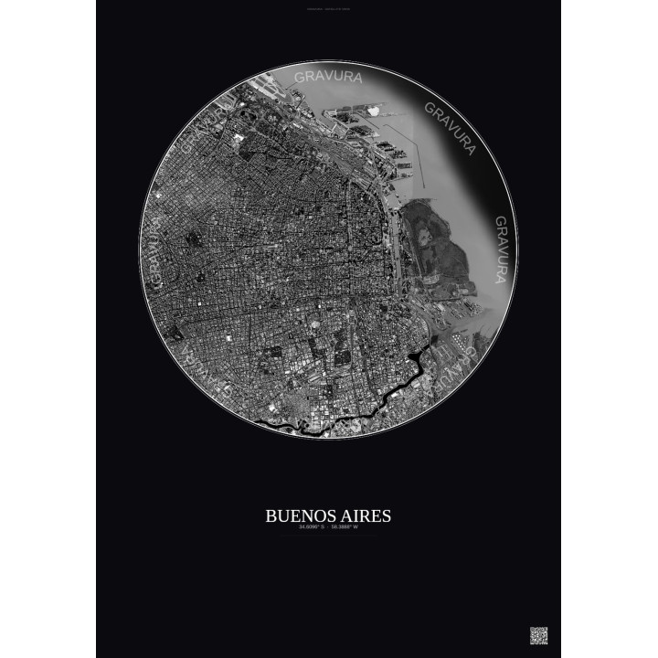 Affiche Buenos Aires – Poster vue satellite 6km N&B | Gravura – Fond foncé