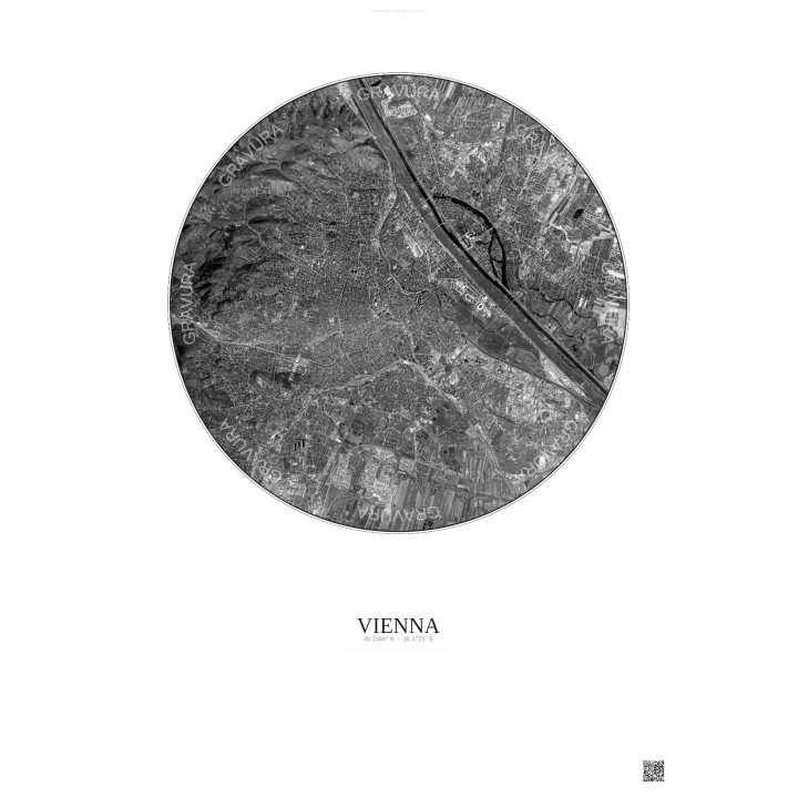Vienna Satellite View Poster 10km B&W | Gravura – Light background