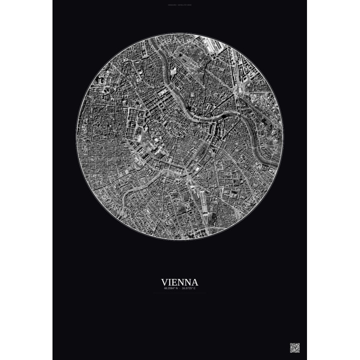 Affiche Vienna – Poster vue satellite 2.5km N&B | Gravura – Fond foncé