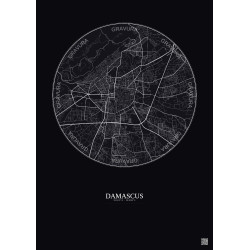 Affiche Damascus – Poster carte de ville 6km | Gravura – Fond foncé