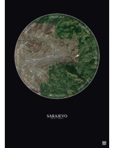 Sarajevo Satellite View Poster 10km Color | Gravura – Dark background 2
