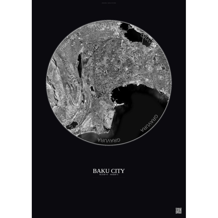 Baku City Satellite View Poster 10km B&W | Gravura – Dark background