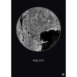 Affiche Baku City – Poster vue satellite 6km N&B | Gravura – Fond foncé