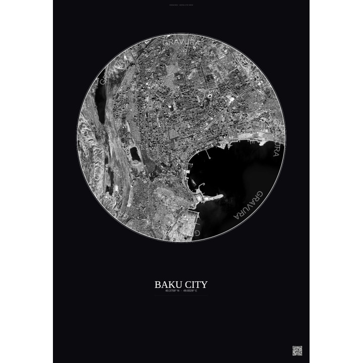 Affiche Baku City – Poster vue satellite 6km N&B | Gravura – Fond foncé