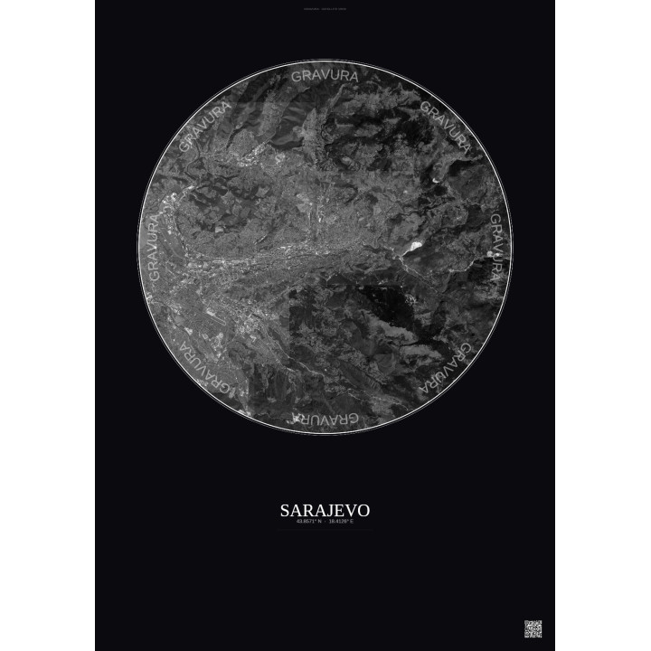 Affiche Sarajevo – Poster vue satellite 10km N&B | Gravura – Fond foncé