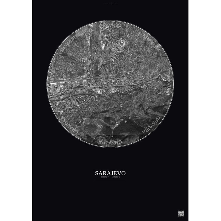 Affiche Sarajevo – Poster vue satellite 2.5km N&B | Gravura – Fond foncé