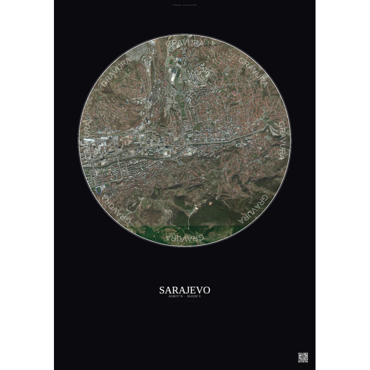 Affiche Sarajevo – Poster vue satellite 2.5km Couleur | Gravura – Fond foncé