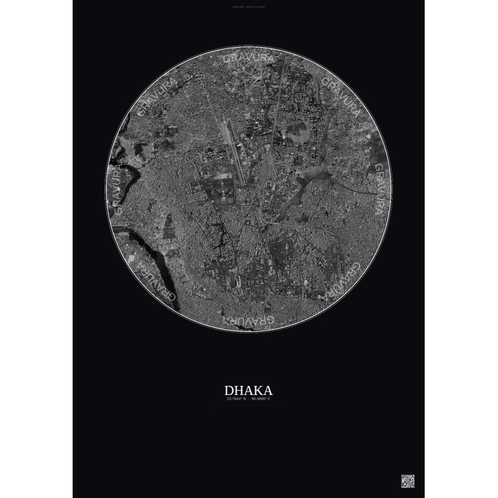 Affiche Dhaka – Poster vue satellite 6km N&B | Gravura – Fond foncé