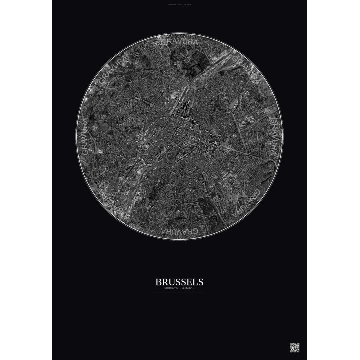 Affiche Brussels – Poster vue satellite 6km N&B | Gravura – Fond foncé