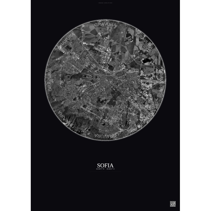 Sofia Satellite View Poster 10km B&W | Gravura – Dark background
