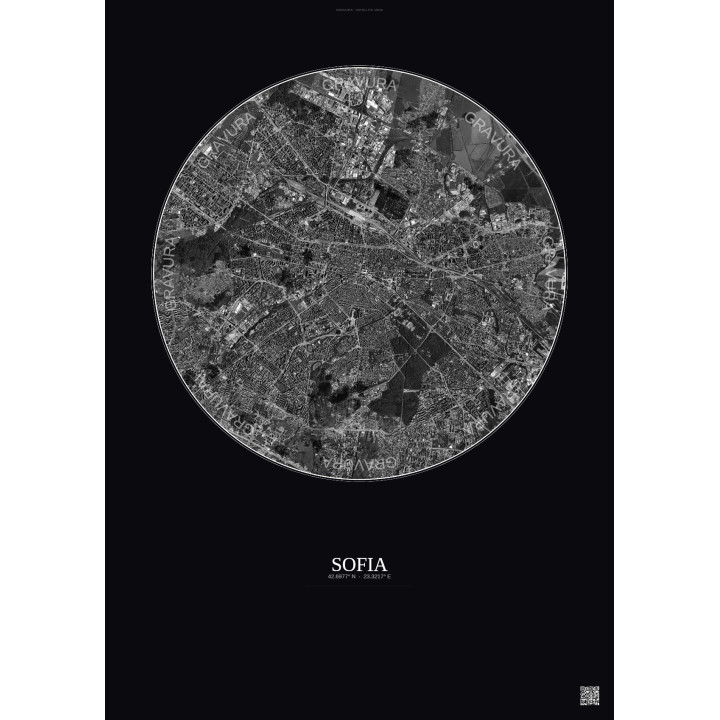 Affiche Sofia – Poster vue satellite 6km N&B | Gravura – Fond foncé