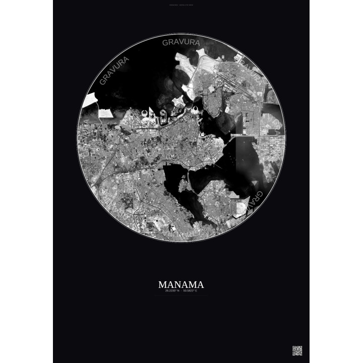 Affiche Manama – Poster vue satellite 10km N&B | Gravura – Fond foncé