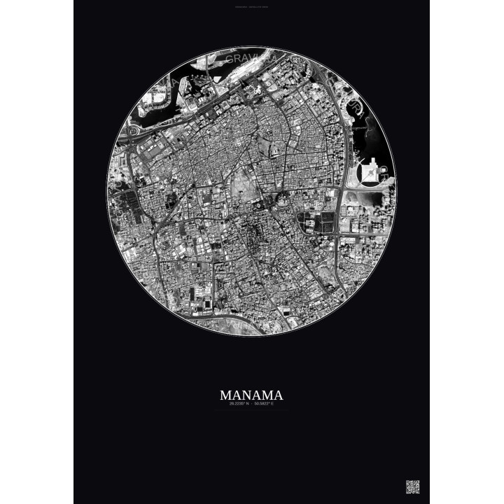 Affiche Manama – Poster vue satellite 2.5km N&B | Gravura – Fond foncé