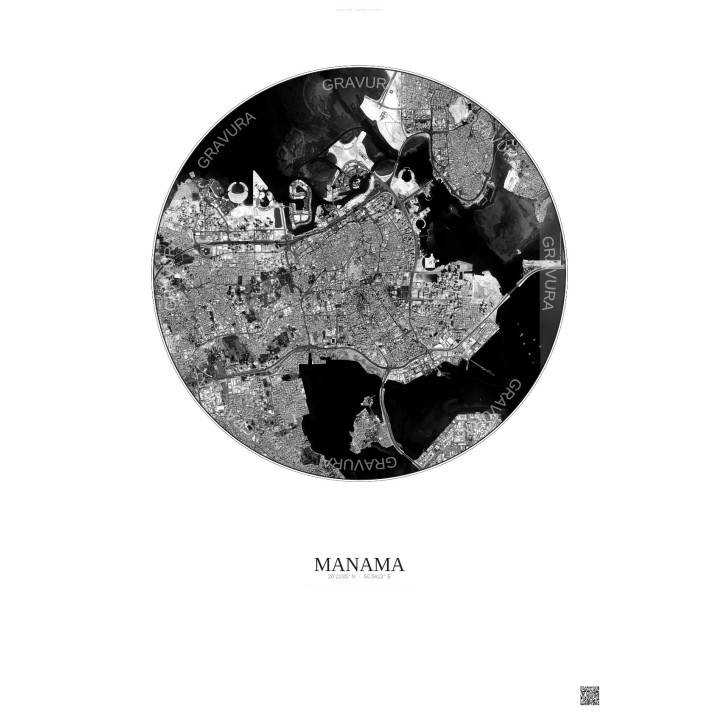 Affiche Manama – Poster vue satellite 6km N&B | Gravura – Fond clair