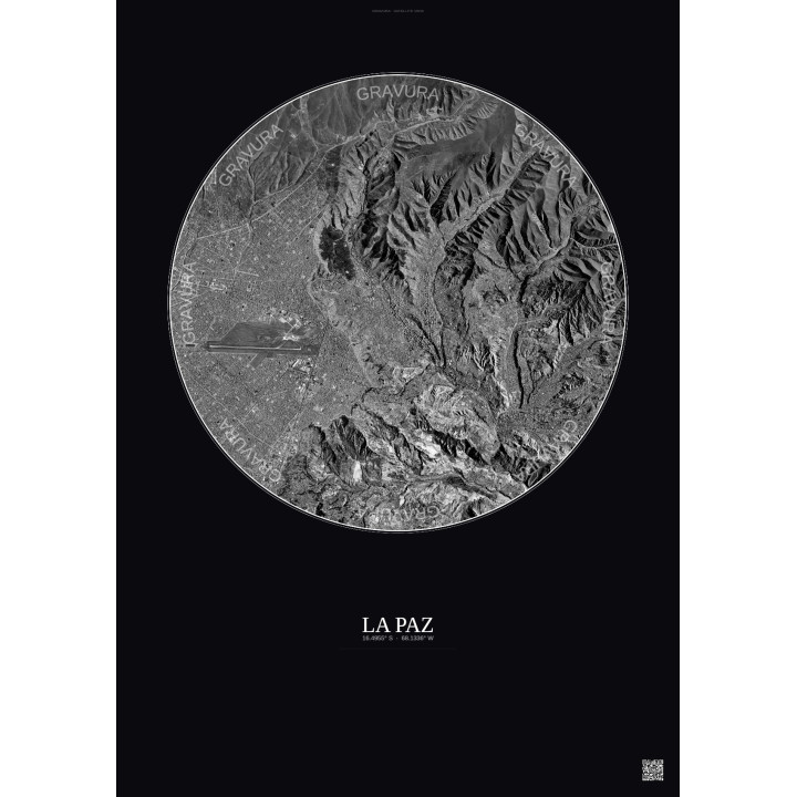 La Paz Satellite View Poster 10km B&W | Gravura – Dark background